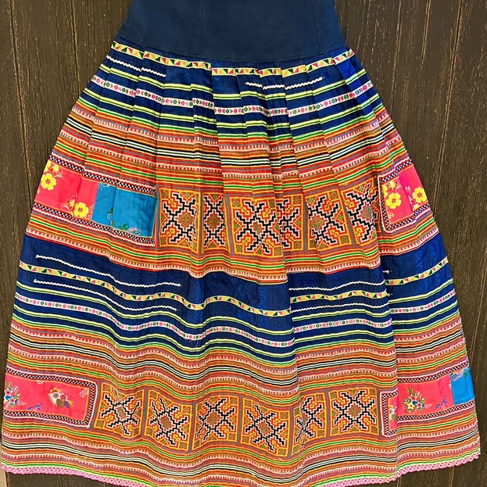 Handmade Thai Tribal Skirt Free Size, Colorful Embroidery & Patchwork Details